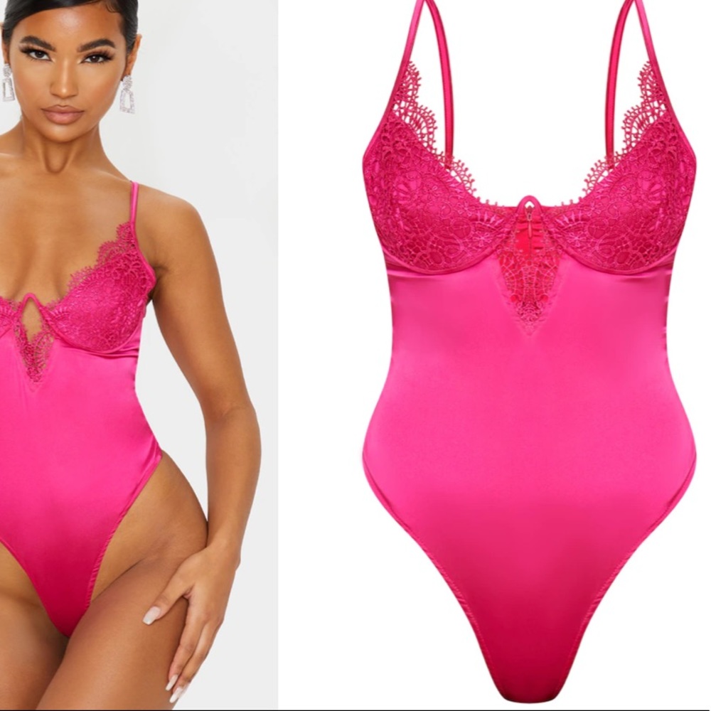 PLT Hot Pink Satin Lace V Cup Bodysuit Size 2